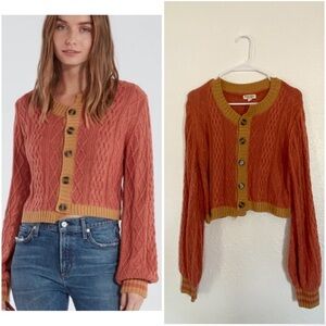 For Love & Lemons Sierra Asymmetrical Cable
Knit Cardigan,Large Rust and Mustard